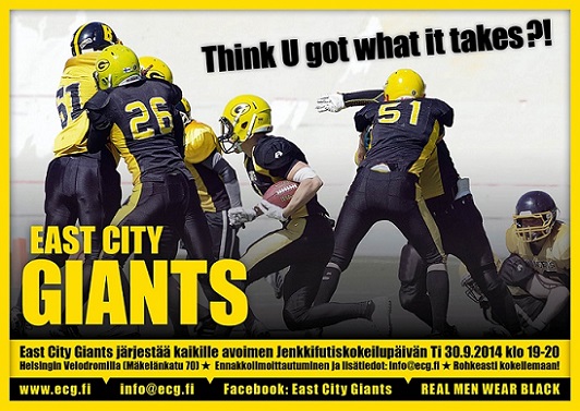 East City Giants järjestää kokeilupäivän joukkueeseen 30.9.2014 !